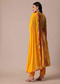 Yellow Floral Print Kurta Set With Mirror Work