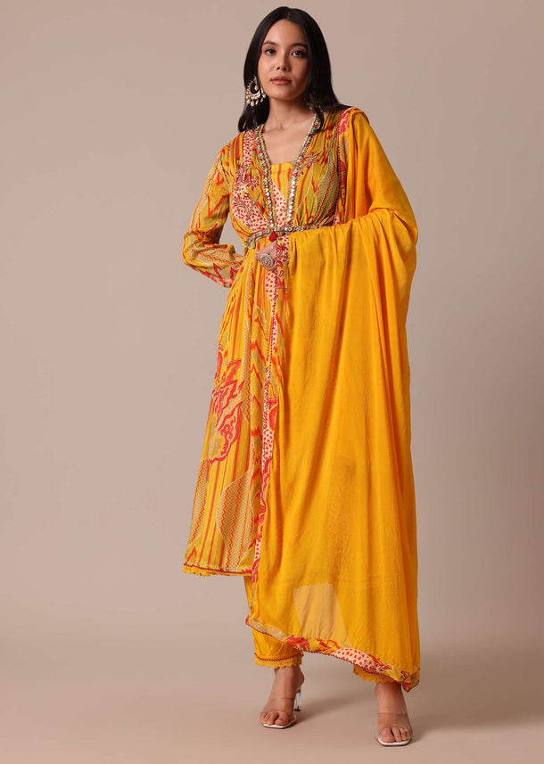 Yellow Floral Print Kurta Set With Mirror Work