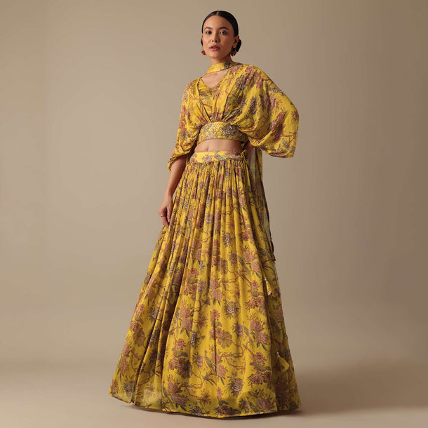 Yellow Floral Print Lehenga Set