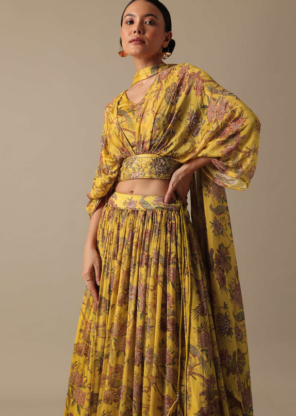 Yellow Floral Print Lehenga Set