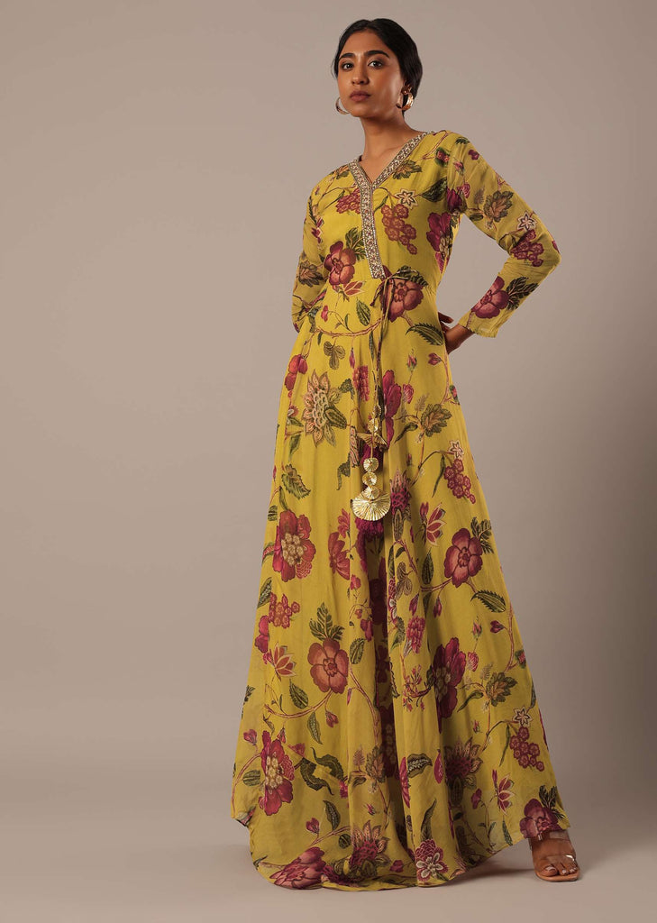 Yellow Floral Print Organza Gown With Sequin Work