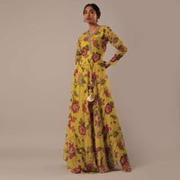 Yellow Floral Print Organza Gown With Sequin Work