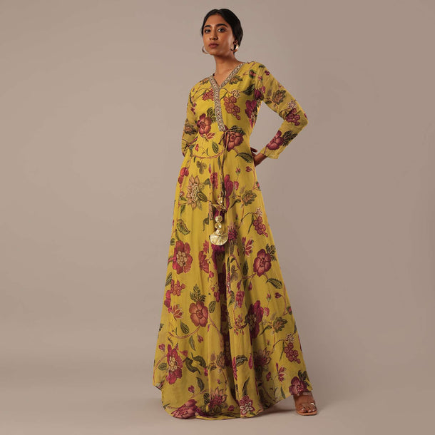 Yellow Floral Print Organza Gown With Sequin Work