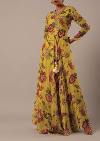 Yellow Floral Print Organza Gown With Sequin Work
