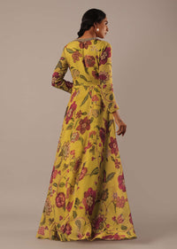 Yellow Floral Print Organza Gown With Sequin Work