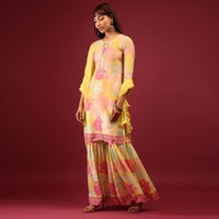 Daffodil Yellow Floral Print Sharara Suit With Flowy Sharara Palazzo In Thread Embroidery