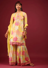 Daffodil Yellow Floral Print Sharara Suit With Flowy Sharara Palazzo In Thread Embroidery
