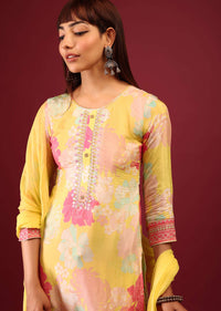 Daffodil Yellow Floral Print Sharara Suit With Flowy Sharara Palazzo In Thread Embroidery