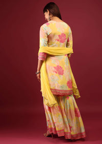Daffodil Yellow Floral Print Sharara Suit With Flowy Sharara Palazzo In Thread Embroidery