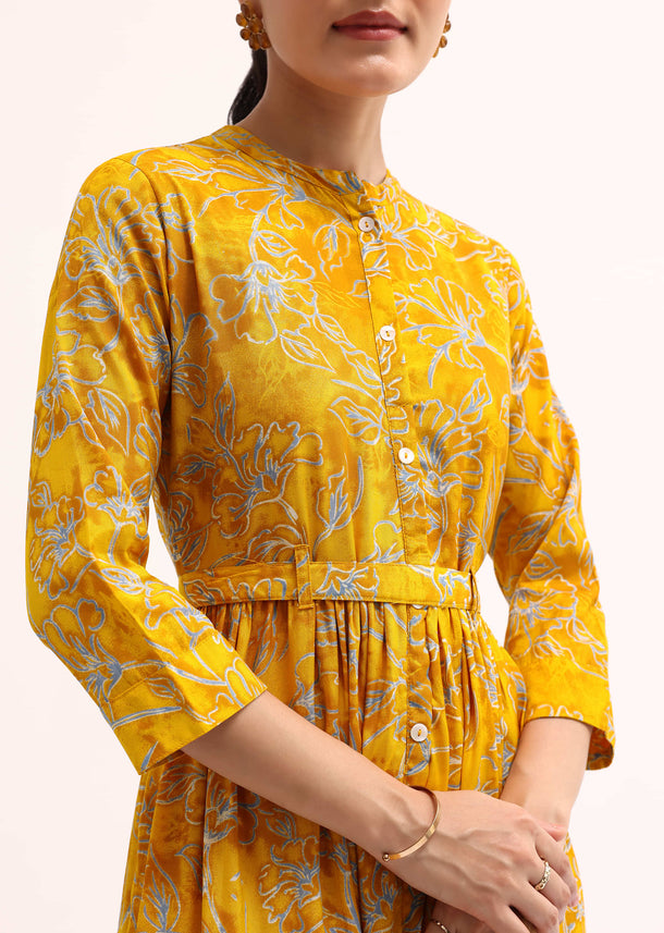 Yellow Floral Printed Cotton Long Kurta