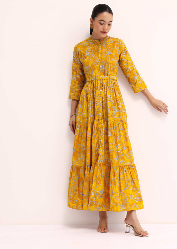 Yellow Floral Printed Cotton Long Kurta