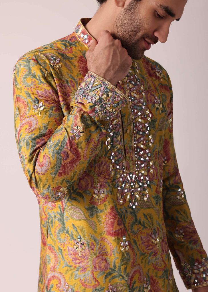 Yellow Floral Printed Silk Kurta Set For Men