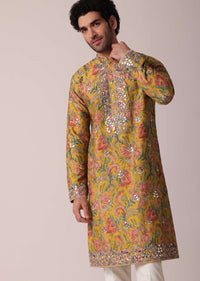 Yellow Floral Printed Silk Kurta Set For Men