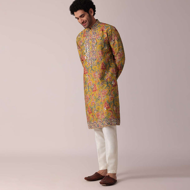 Yellow Floral Printed Silk Kurta Set For Men