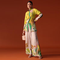 Yellow Floral Shell Work Silk Co Ord Set