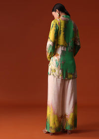 Yellow Floral Shell Work Silk Co Ord Set