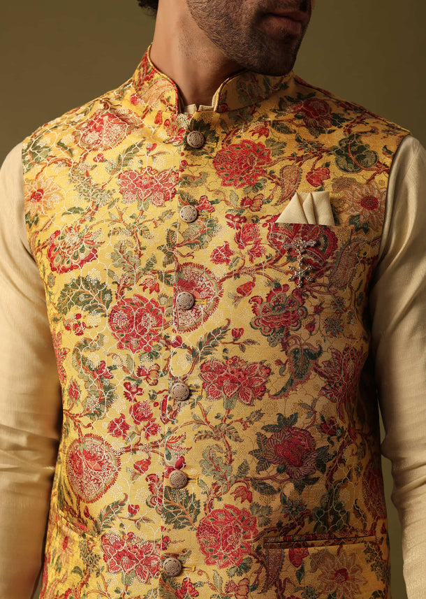 Yellow Foil Printed Kurta Jacket Set For Men