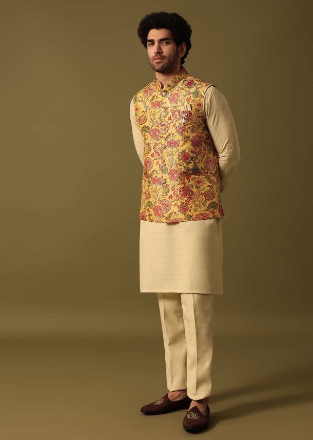 Yellow Foil Printed Kurta Jacket Set For Men