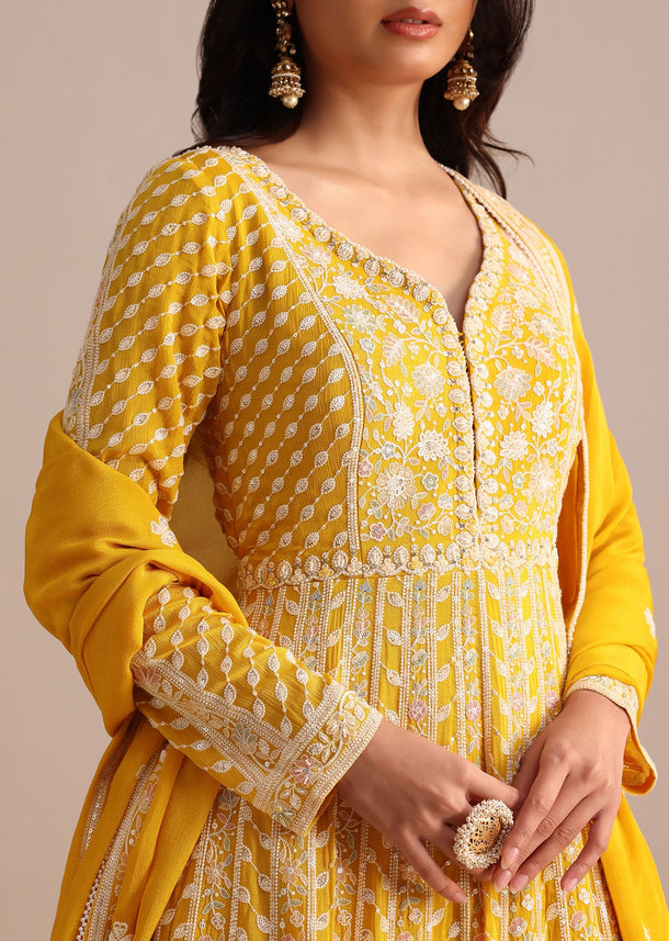 Yellow Georgette Anarkali Set With Lucknowi Work