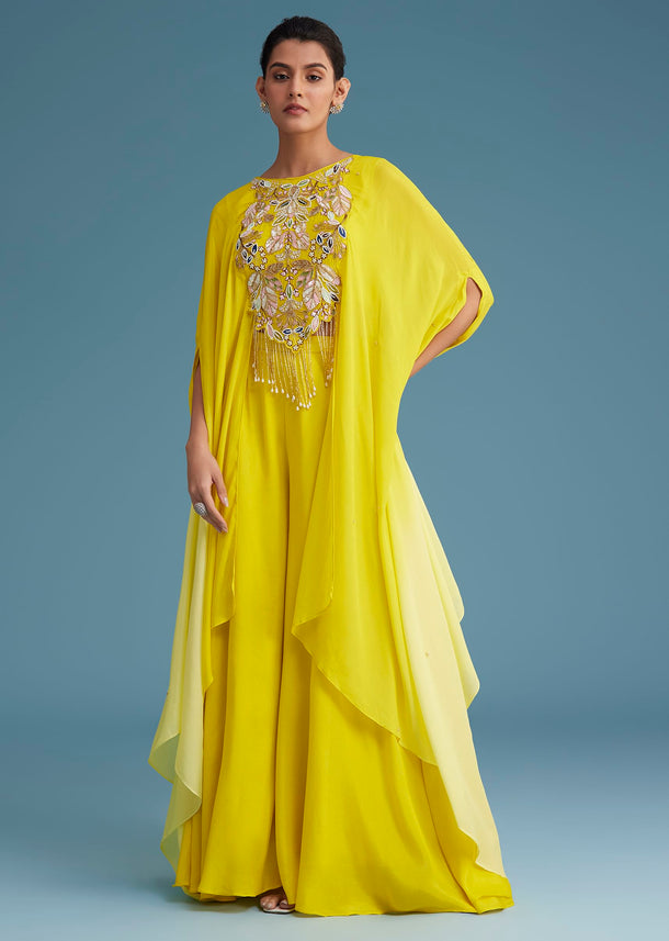 Yellow Georgette Crepe Palazzo Set With Ombre Sleeves