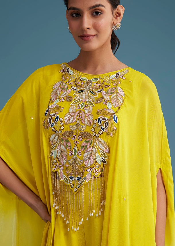 Yellow Georgette Crepe Palazzo Set With Ombre Sleeves