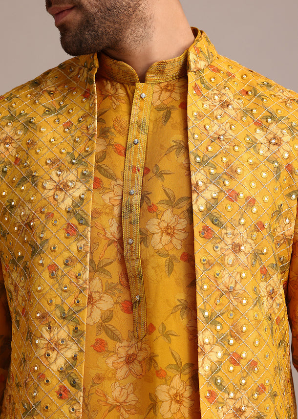 Yellow Georgette Kurta And Jacket Set With Mirror Work