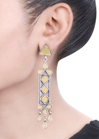 Yellow Glass Work Earrings Hand Crafted In Geometric Motifs With Dangling Tassel Made In Sterling Silver By Sangeeta Boochra