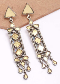 Yellow Glass Work Earrings Hand Crafted In Geometric Motifs With Dangling Tassel Made In Sterling Silver By Sangeeta Boochra