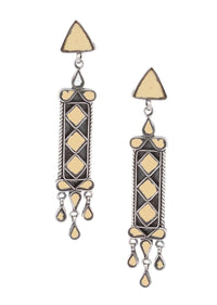 Yellow Glass Work Earrings Hand Crafted In Geometric Motifs With Dangling Tassel Made In Sterling Silver By Sangeeta Boochra