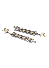Yellow Glass Work Earrings Hand Crafted In Geometric Motifs With Dangling Tassel Made In Sterling Silver By Sangeeta Boochra