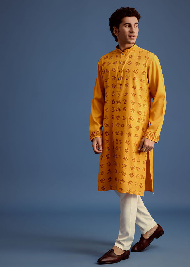 Yellow Hand Block Printed Kurta Set