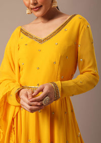 Yellow Hand Embroidered Anarkali Set With Belt And Frill Dupatta