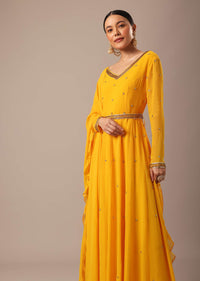 Yellow Hand Embroidered Anarkali Set With Belt And Frill Dupatta