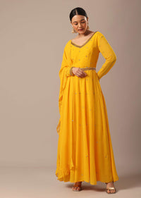 Yellow Hand Embroidered Anarkali Set With Belt And Frill Dupatta