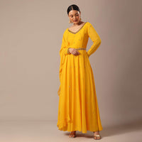 Yellow Hand Embroidered Anarkali Set With Belt And Frill Dupatta