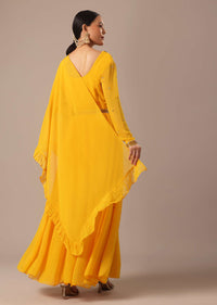 Yellow Hand Embroidered Anarkali Set With Belt And Frill Dupatta