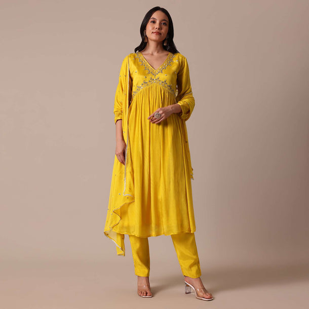 Yellow Hand Embroidered Flared Kurta Set