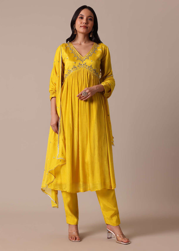 Yellow Hand Embroidered Flared Kurta Set