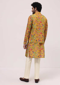 Yellow Hand Embroidered Kurta Jacket Set For Men