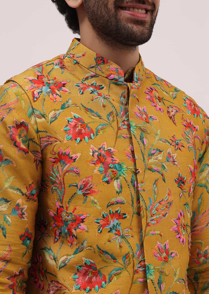 Yellow Hand Embroidered Kurta Jacket Set For Men