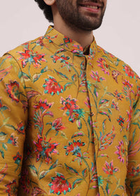 Yellow Hand Embroidered Kurta Jacket Set For Men