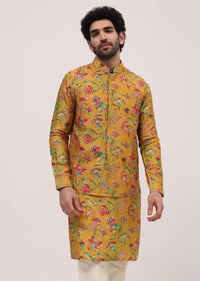 Yellow Hand Embroidered Kurta Jacket Set For Men