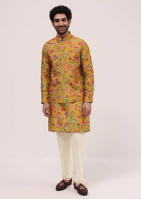 Yellow Hand Embroidered Kurta Jacket Set For Men