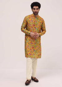 Yellow Hand Embroidered Kurta Jacket Set For Men