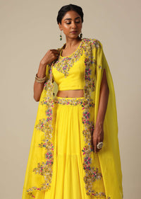 Yellow Hand Embroidered Long Jacket And Lehenga Set