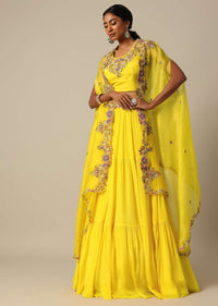 Yellow Hand Embroidered Long Jacket And Lehenga Set