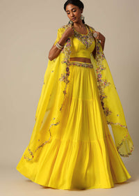 Yellow Hand Embroidered Long Jacket And Lehenga Set