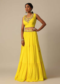 Yellow Hand Embroidered Long Jacket And Lehenga Set