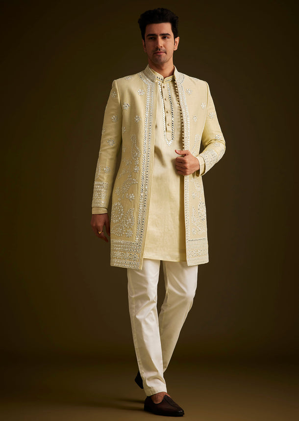 Yellow Hand Embroidered Sherwani Set