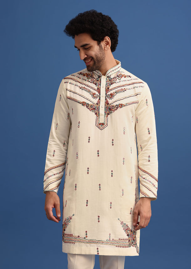 Yellow Hand Worked Kurta Set With Printed Dupatta